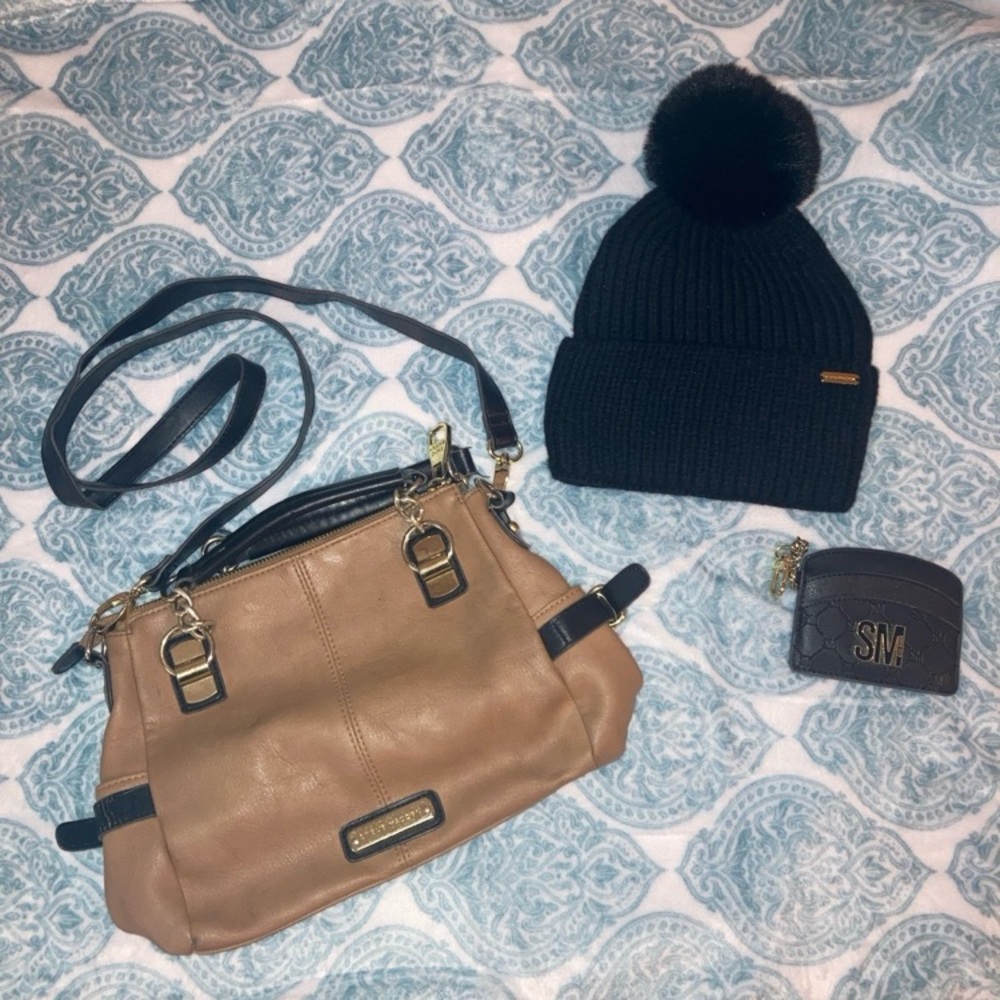 Nine West Tan Crossbody Bag and Black Beanie Set